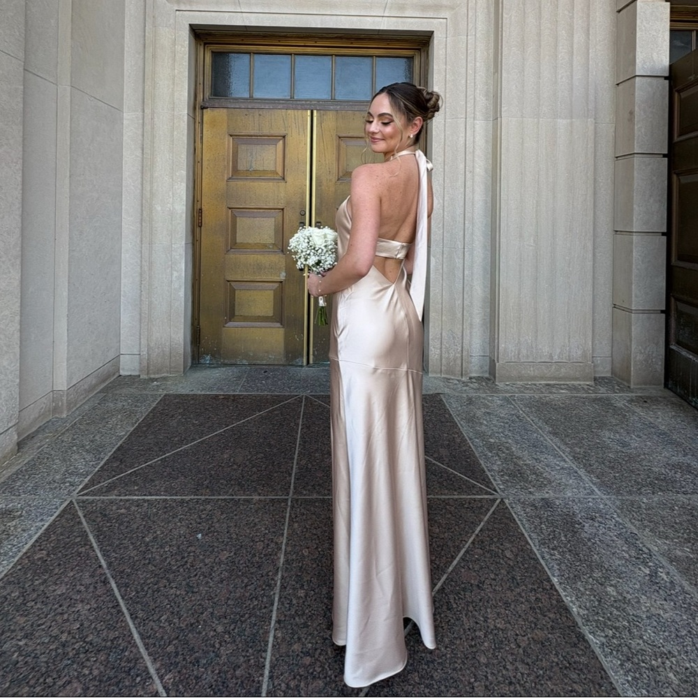 Revelry Gold Champagne Satin Halter Gown with Slit